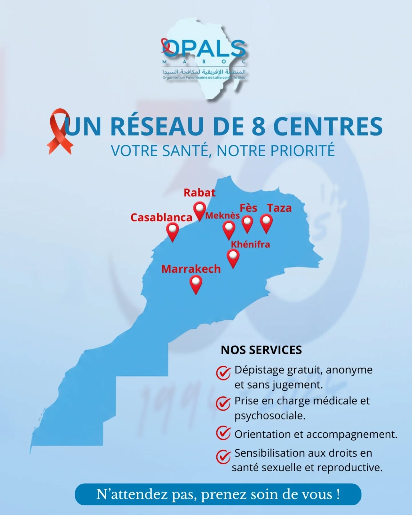 Carte du réseau de centres OPALS Maroc : Rabat, Casablanca, Meknès, Fès, Taza, Khénifra et Marrakech